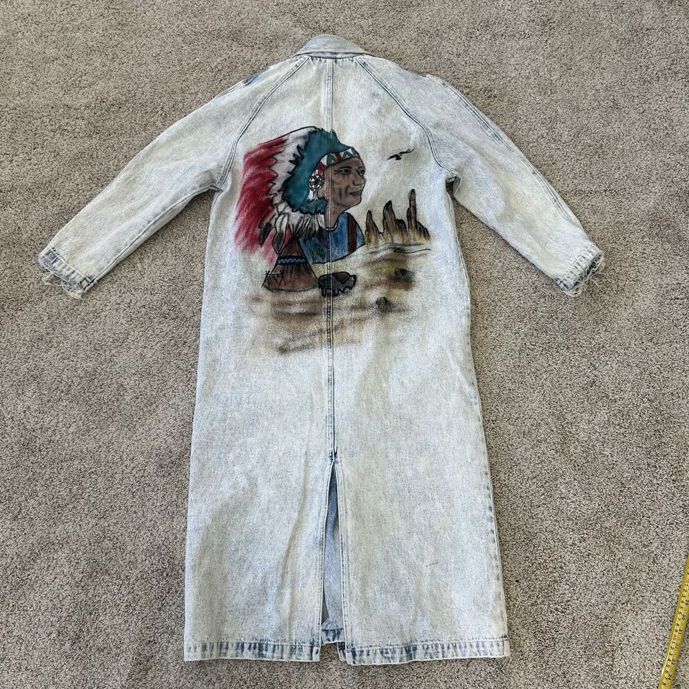 Vintage Steffano M Acid Wash Denim Duster Trench Coat Indian Painting On Back